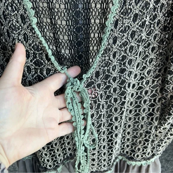 A'Reve Lace Knit Cardigan with Ruffle Hem in Black Gray Beige and Sage - Picture 4 of 8